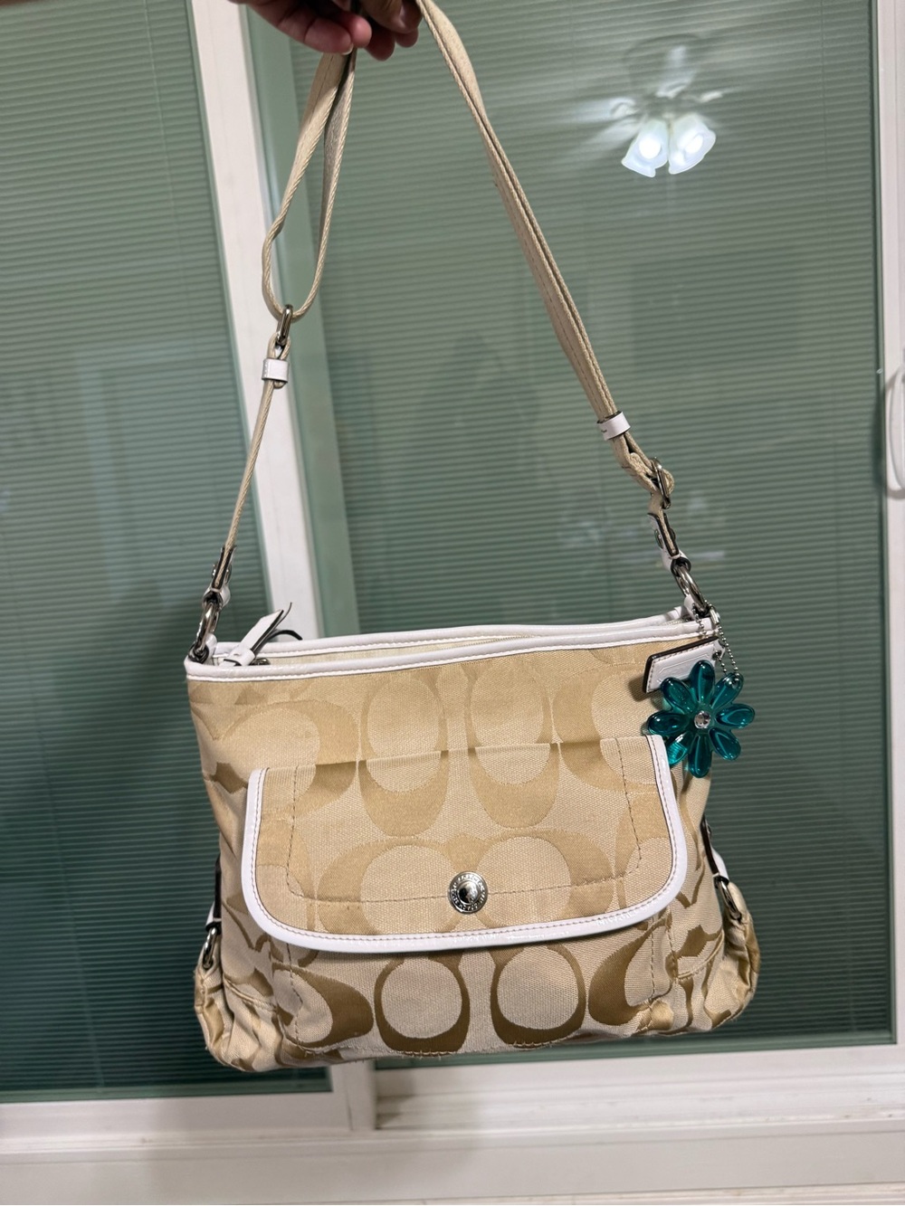 Coach Khaki and Chalk Signature Shoulder Bag with Teal Flower Charm